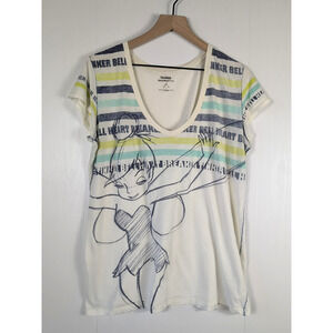 Disney Tinker Bell Womens L Sketch Stripe Graphic Tee Shirt Peter Pan Fairies